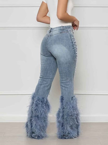 Beaded Long Whiskered Jeans - Women's Single Fashion Casual Jeans
