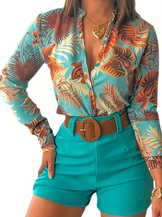 Women's fashion maple leaf print button- shirt solid color belted pants resort style two-piece pants set SS69