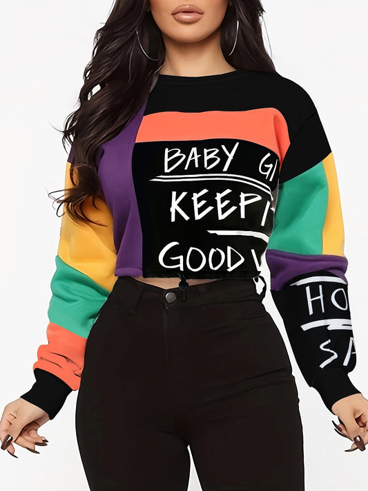 Women's Fashion Color Block Crew Neck Sweatshirt with Alphabet Print, Polyester 95% Spandex 5% Knit Fabric, Regular Fit Pullover with Drawstring Detail for All Seasons SS69
