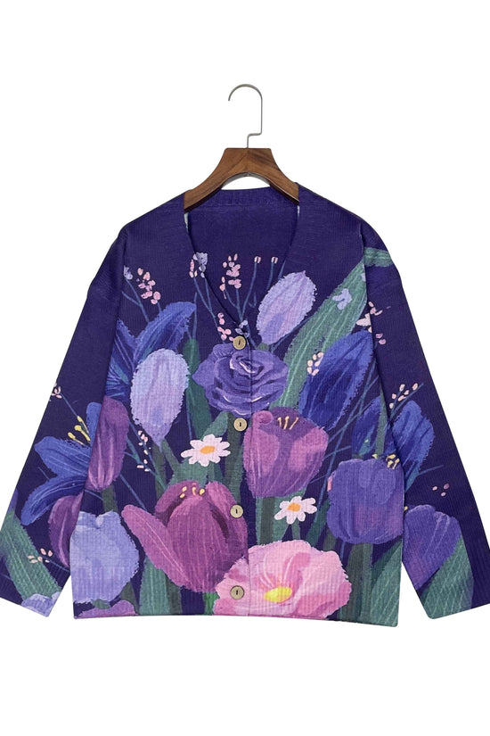 Plus Size - Plus Size - Plus Size - Plus Size - Plus Size, Women'S Elegant V-Neck Cardigan with Vibrant Floral Print - Button-Up Sweater for Fall/Winter, Long Sleeve, All-Over Pattern, Cozy Fall Wear | Vibrant Floral Print |