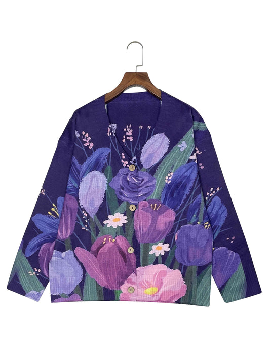 Plus Size - Plus Size - Plus Size - Plus Size - Plus Size, Women'S Elegant V-Neck Cardigan with Vibrant Floral Print - Button-Up Sweater for Fall/Winter, Long Sleeve, All-Over Pattern, Cozy Fall Wear | Vibrant Floral Print |