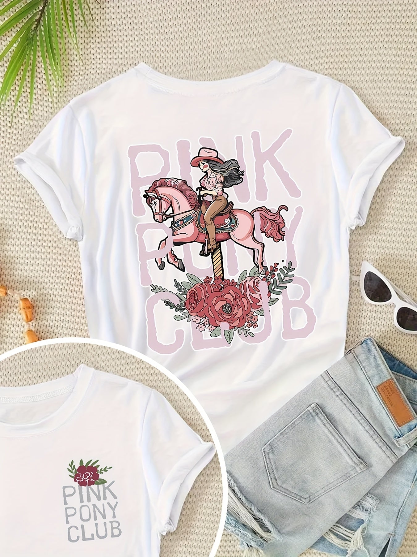 Fashionable Casual Short-Sleeve Summer T-Shirt for Women with a Round Neck, Featuring a Printed Design of a Western Cowgirl on The Front And Back. SS69