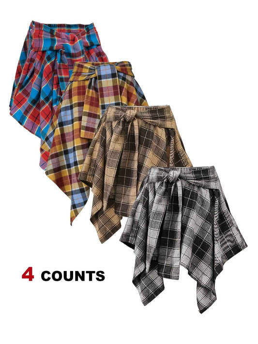 Plus Size - Plus Size - 4-Pack Plus Size Pleated Plaid Skirt | Women High Waist A-Line Elastic Waist Midi Skirt Casual Vintage Checkered Skirt With Slight Stretch Fabric
