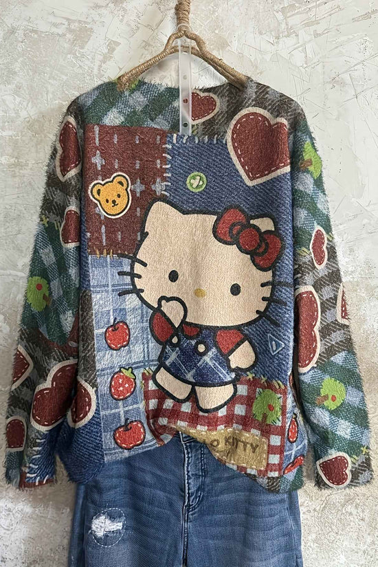 Plus Size, Women's Plus Size Elegant Oversized Plush Cat & Floral Sweater - Loose Fit Round Neck Long Sleeve Pullover, Cozy Winter Sweaters Suitable for Fall/Winter, Casual & Semi-Formal Wear