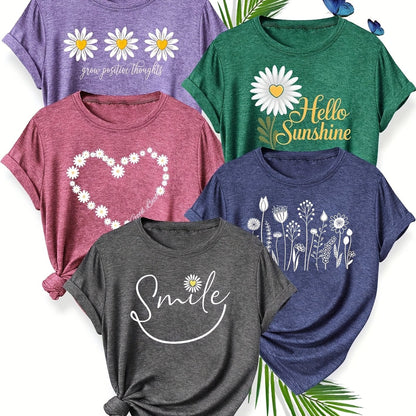 5pcs Women'S Casual Crew Neck Short Sleeve T-Shirts - Floral, Heart, and Smile Print Designs in Purple, Green, Pink, and Blue - Soft Stretch Fabric for Spring, Summer, and Fall, Plus Sizes Available, Plus Size Tee | Floral Pr SS69 48.69 Mixed Color 3 / XL