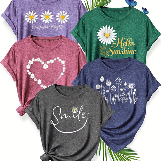 5pcs Women'S Casual Crew Neck Short Sleeve T-Shirts - Floral, Heart, and Smile Print Designs in Purple, Green, Pink, and Blue - Soft Stretch Fabric for Spring, Summer, and Fall, Plus Sizes Available, Plus Size Tee | Floral Pr SS69 48.69 Mixed Color 3 / XL