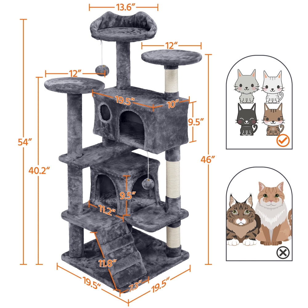 Costoffs Cat Tree 54in/70in/62in/80in/23.5in Cat Tower Condo with 2 Condos & 2 Dangling Balls & 3 Scratching Posts Large Cat House for for Kittens & Cats, Dark Gray/Light Gray/Beige/Black/Pink/Brown/Navy Blue/Green, Brown/W SS69