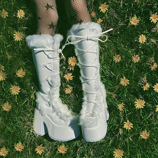 Womens Winter Punk Goth Boots - Faux Fur Lined, Side Zipper, Lace Up, Chunky Heel, Platform, Warm, Knee High, Mid Calf, Block Heel, Snow Walking Boots For Women SS69