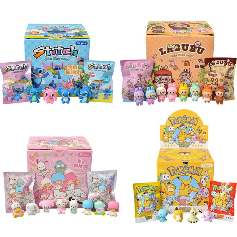 32Pcs/Set Blind Box Anime Sanrio CapyBara Labubu Stitch Figure Cartoon Eraser Model Doll Toy For Children's Gift - SS69