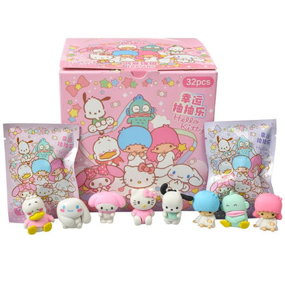 32Pcs/Set Blind Box Anime Sanrio CapyBara Labubu Stitch Figure Cartoon Eraser Model Doll Toy For Children's Gift - SS69