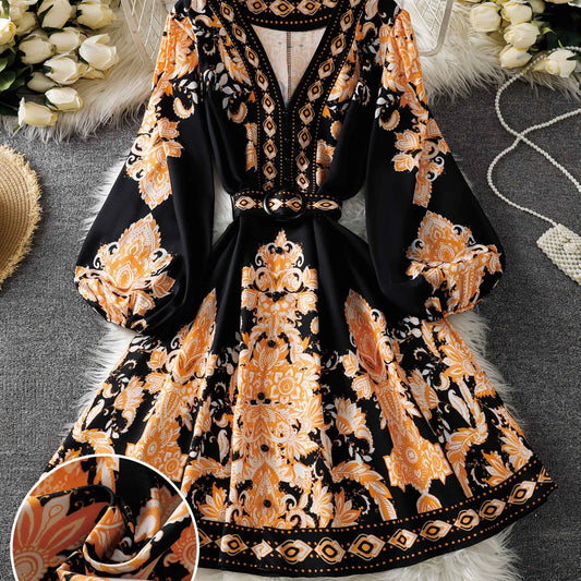 [Bohemian V-Neck Dress] Sleeveless Geometric Print Women's Bohemian V-Neck Mini Dress with Belt | Flared Bodice with Buttons, Pleated A-Line Skirt, Perfect for Spring & Summer Vacations, Casual Resort Wear