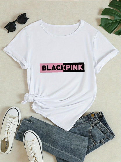 Blackpink Graphic Women's T-Shirt - Casual Short Sleeve Round Neck, Stretchy Polyester Blend, Embossed Floral & Letter Design, Perfect for Spring/Summer/Fall SS69