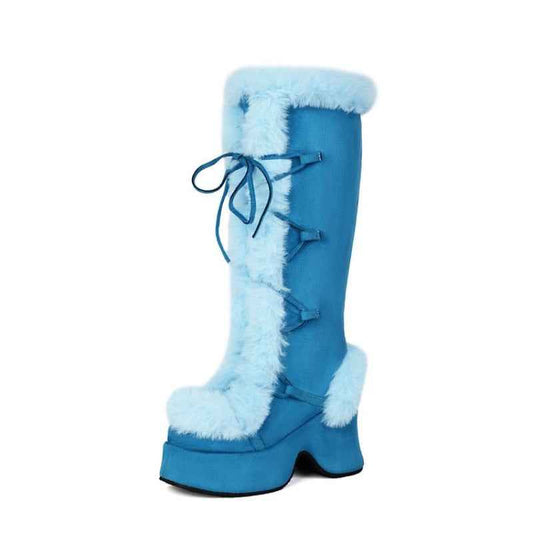 Women's Y2K Goth Boots/Faux Fur Knee-High Platform Winter/Chunky Heel & Lace-Up Closure/Warm Pink Furry Collar/Square Toe/Thick Rubber Sole & PU Cover/Cozy Snow Boots for Christmas, Parties & Casual Attire/Cold Weather Footwe