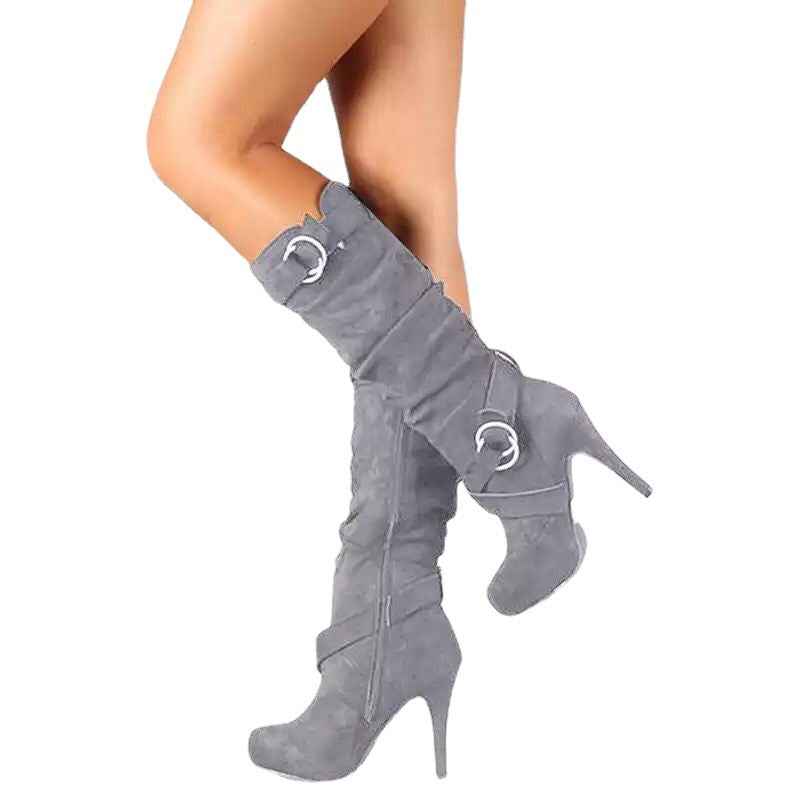 Women's Plus Size Knee-High Stiletto High-Heeled Boots, European-Inspired Round Toe with Zipper Closure, Stretch Comfort Fit and Slip-Resistant MD Sole, Elegant All-Season Booties for Casual & Formal Events, Brown, Grey, Hand