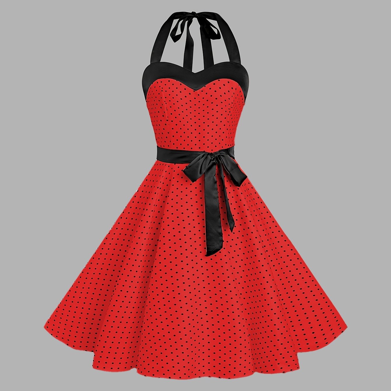 Elegant Retro Polka Dot Dress for Women with Ribbon Waist - Halter Neck, A-Line Skirt, Machine Washable, Polyester - Black & White, Perfect for Spring/Summer/Fall Events SS69 23.69 【Red】 / XXL