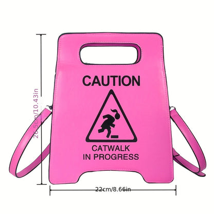 Chic Black Faux Leather Novelty Shoulder Bag - Fashionable Caution Sign Tote with Detachable Strap, Zip Closure for Women SS69