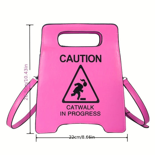 Chic Black Faux Leather Novelty Shoulder Bag - Fashionable Caution Sign Tote with Detachable Strap, Zip Closure for Women SS69