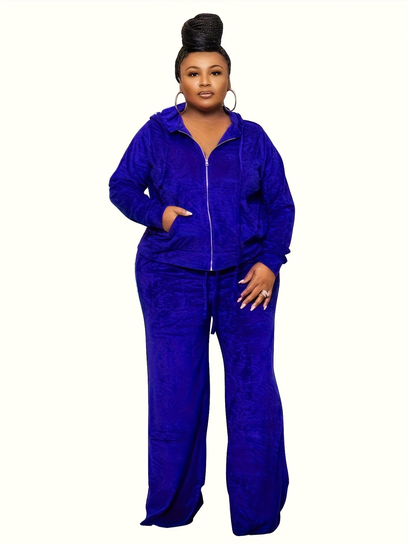 Plus Size - New Autumn And Winter Women'S Clothing in Large Sizes Featuring Solid Color Casual High-Waisted Wide-Leg Pants in a Two-Piece Set.