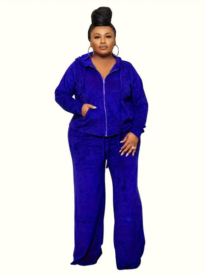 Plus Size - New Autumn And Winter Women'S Clothing in Large Sizes Featuring Solid Color Casual High-Waisted Wide-Leg Pants in a Two-Piece Set.