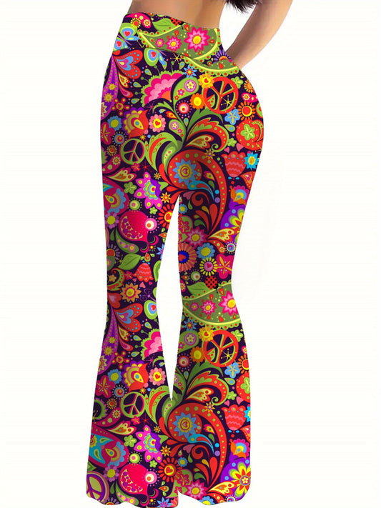 Women's High-Waisted Flared Pants - Stretchy Floral bell-bottoms with Elastic Waist, Non-See-Through Fabric for Parties, Everyday & Formal Events - Machine Washable All-Season Trousers, Party Attire, Comfortable Fit, Versatil