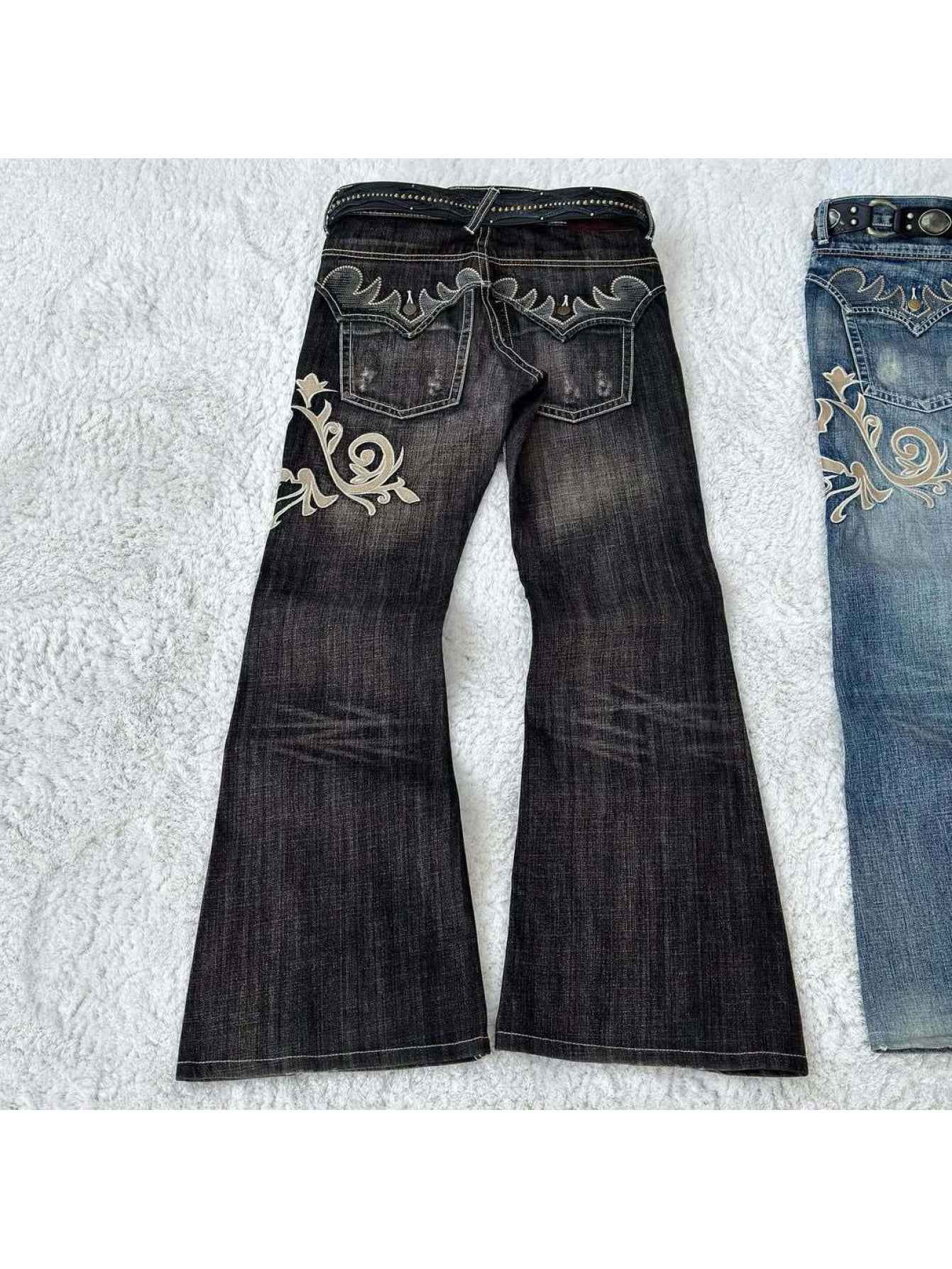 Women's Vintage Y2K Jeans - Mid-Rise Flared Pants, Washed Black Retro Leggings for 2000s Fashion Outfits, Casual & Formal Events - All-Season Jeans, Embroidered Details, Durable Fabric, Stylish Bottoms, Women, Trendy Outfit,