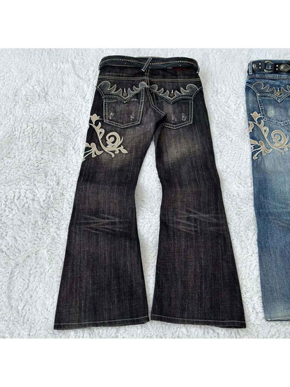 Women's Vintage Y2K Jeans - Mid-Rise Flared Pants, Washed Black Retro Leggings for 2000s Fashion Outfits, Casual & Formal Events - All-Season Jeans, Embroidered Details, Durable Fabric, Stylish Bottoms, Women, Trendy Outfit,