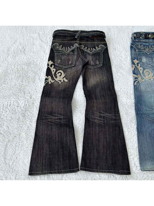 Women's Vintage Y2K Jeans - Mid-Rise Flared Pants, Washed Black Retro Leggings for 2000s Fashion Outfits, Casual & Formal Events - All-Season Jeans, Embroidered Details, Durable Fabric, Stylish Bottoms, Women, Trendy Outfit,