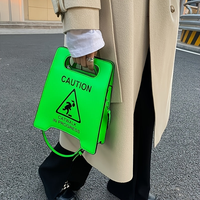 Chic Black Faux Leather Novelty Shoulder Bag - Fashionable Caution Sign Tote with Detachable Strap, Zip Closure for Women SS69 14.69 Green