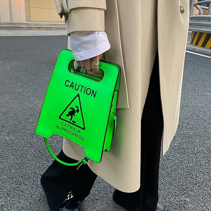 Chic Black Faux Leather Novelty Shoulder Bag - Fashionable Caution Sign Tote with Detachable Strap, Zip Closure for Women SS69 14.69 Green