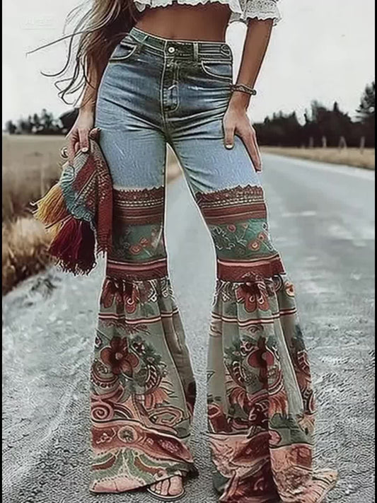 SS69 Women's Retro Printed High Waisted Flared Jeans with Pockets