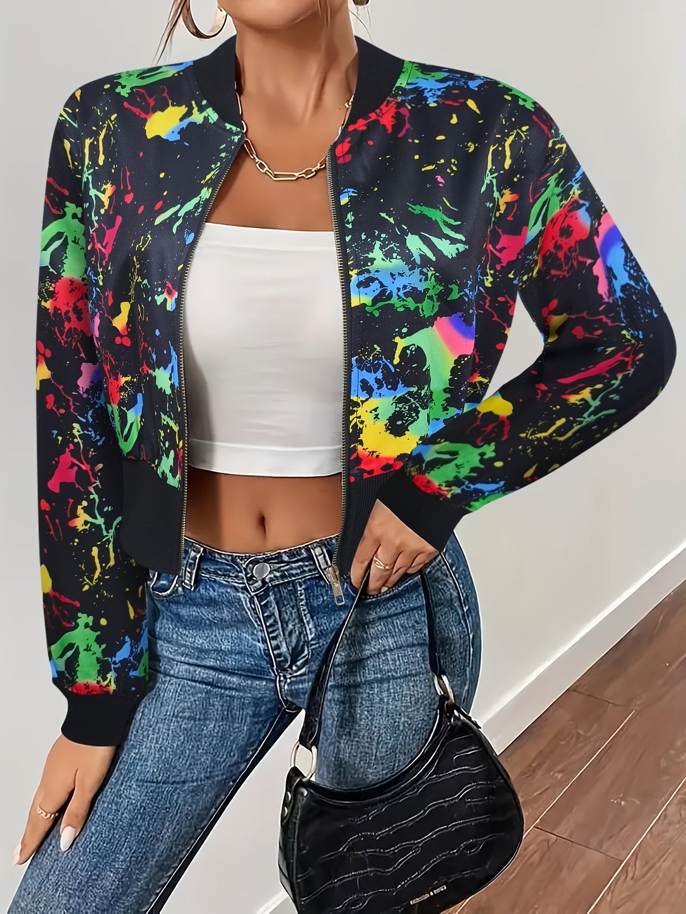 Casual Graffiti Print Long Sleeve - Bomber Jacket Zip Up Outerwear, Women's Clothing SS69
