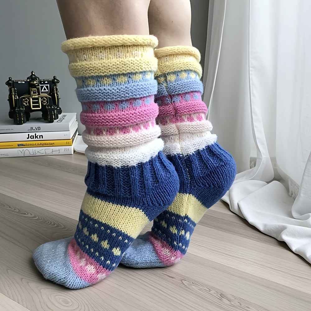 A Pair of Ins-Style Winter Women's Colorful Striped Crew Socks, Cross-Border Women's Mid-Calf Warm Color-Block Floor Socks, Cozy Footwear, Trendy Socks, Insstyle Fashion, Hand Wash Care, Durable Stitching, Women's Socks, Crew