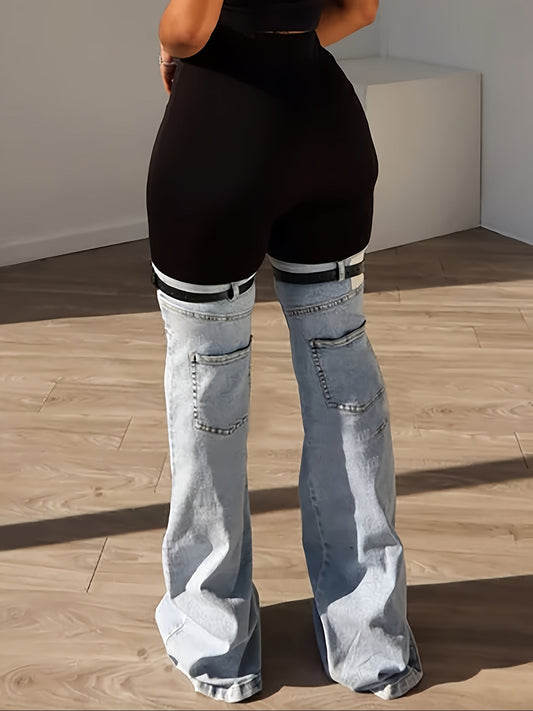 Trendy Two Tone High Elastic Waist Jeans - Women Patchwork Streetwear Style With Garter Belt Detail SS69