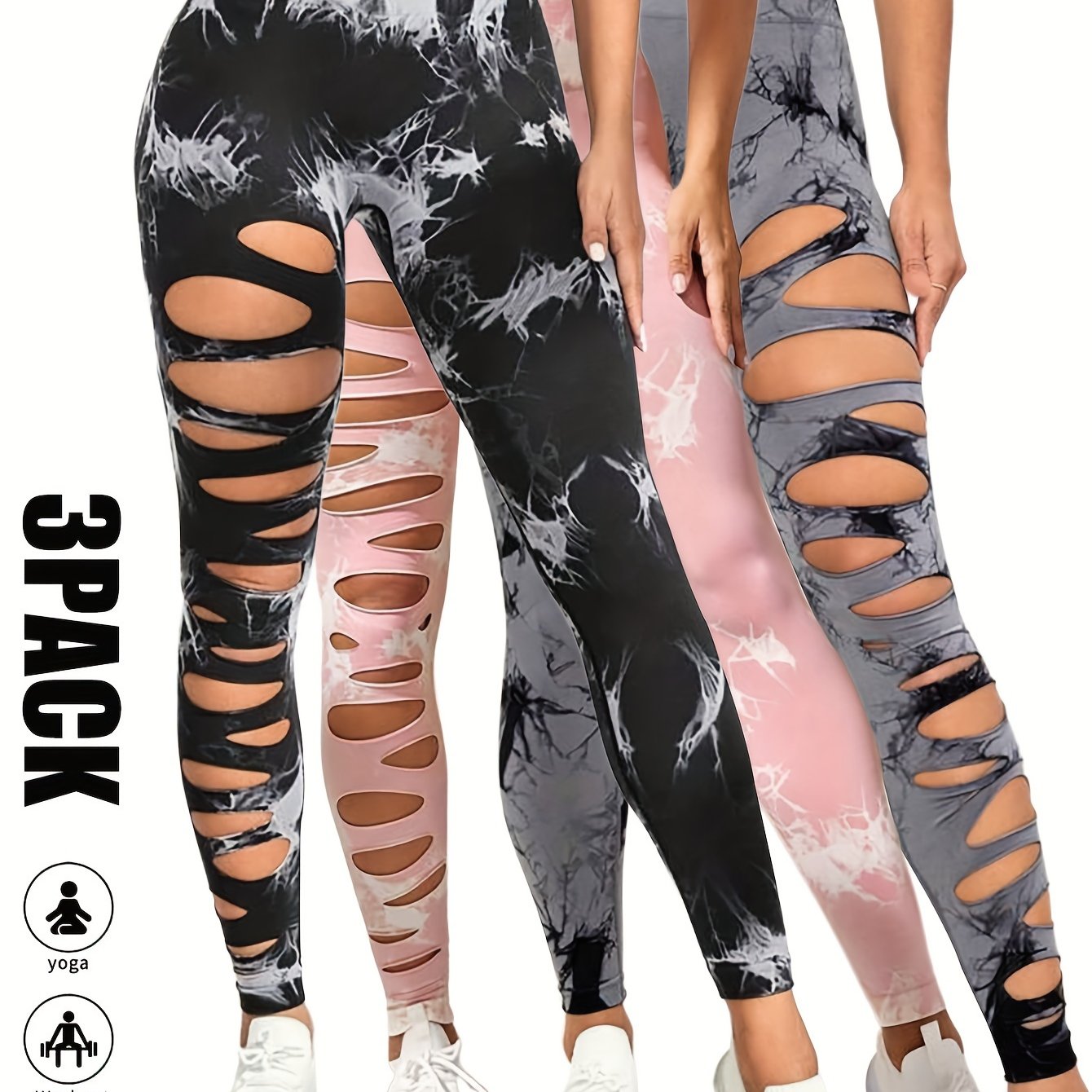 3 Pack High Waist Tie Dye Cutout Yoga Leggings - Scrunch Butt Lifting, Tummy Control, Elastic Workout Pants for Women SS69 42.69 3 Pack-GRY-BWH-PNK / S