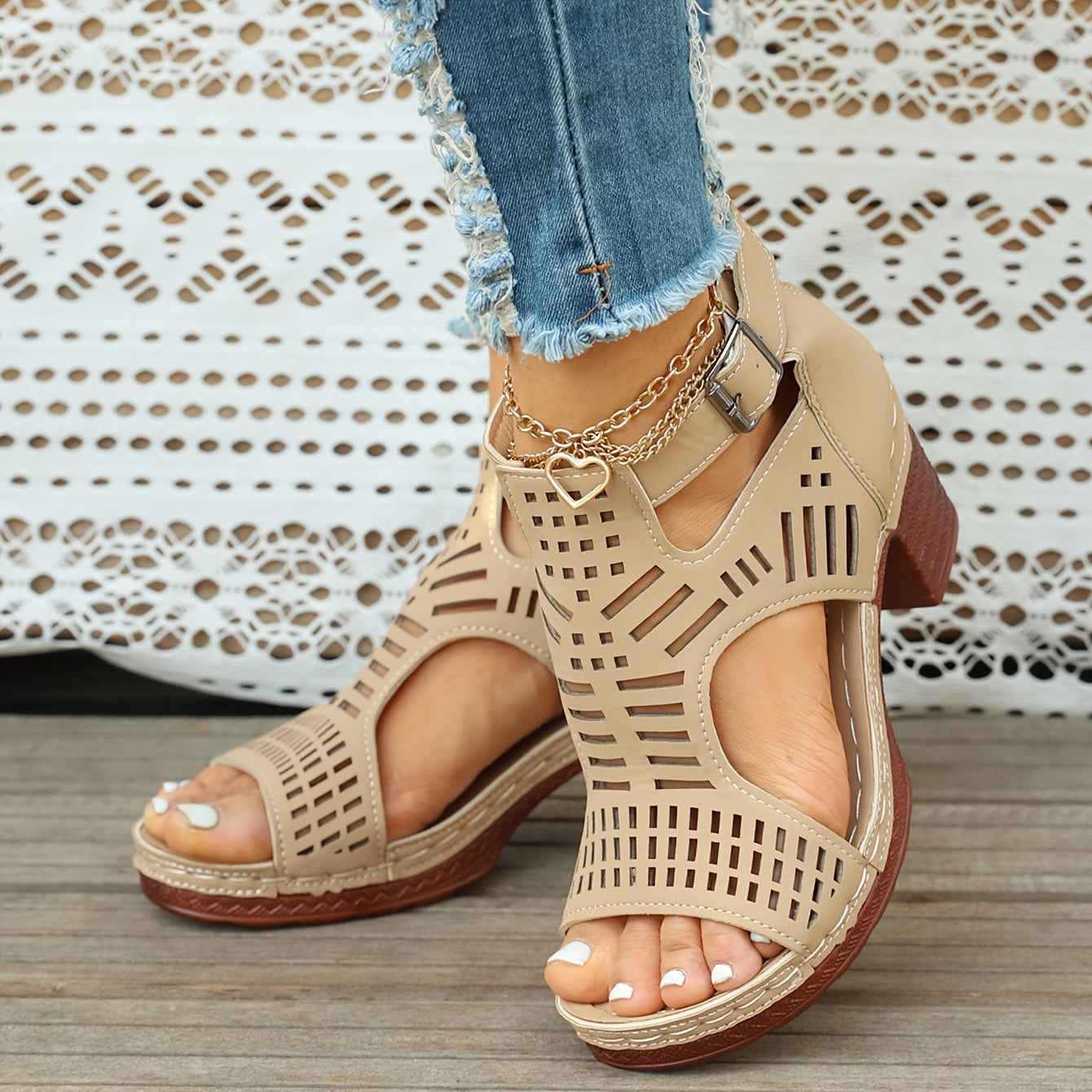 Women'S Summer Open-Toe Heel Sandals- Black Perforated Hollow Design, Ankle Strap And Zipper Closure, Stylish Breathable Casual Outdoor Shoes, Large-Size High-Heeled Sandals, Size US6-US11