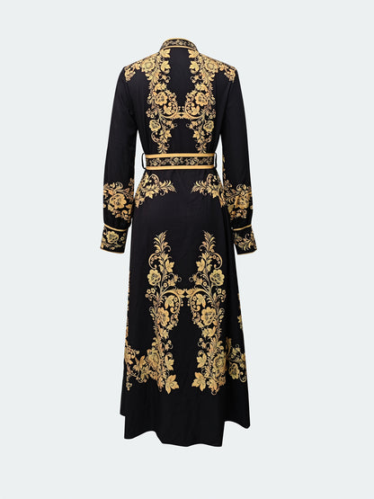 [Retro Dress] Autumn Retro Women's Long Sleeve Ethnic Print Dress with Belt m186 SS69