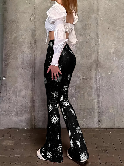 Polyester Spandex Blend Flare Leg Pants - Galaxy Moon Sun Print - Young Style for Adult Women - Spring/Fall Season SS69