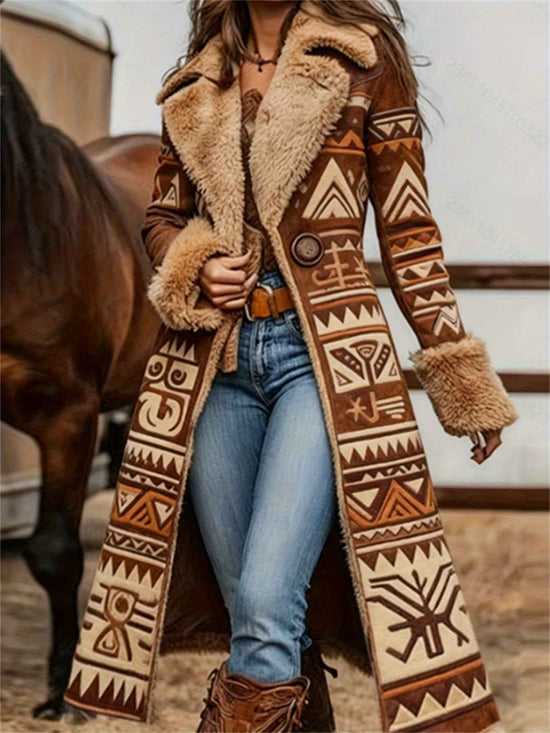 Women's Western Retro Style Winter Warm Coat - Western Print Jacket with Collar, Machine Washable Outerwear for Fall & Winter, Non-Stretch Blazer for Casual or Dressy Outfits