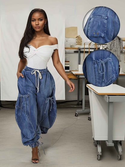 Womens Baggy Jeans Women'S Fashionable Drawstring Lace-up