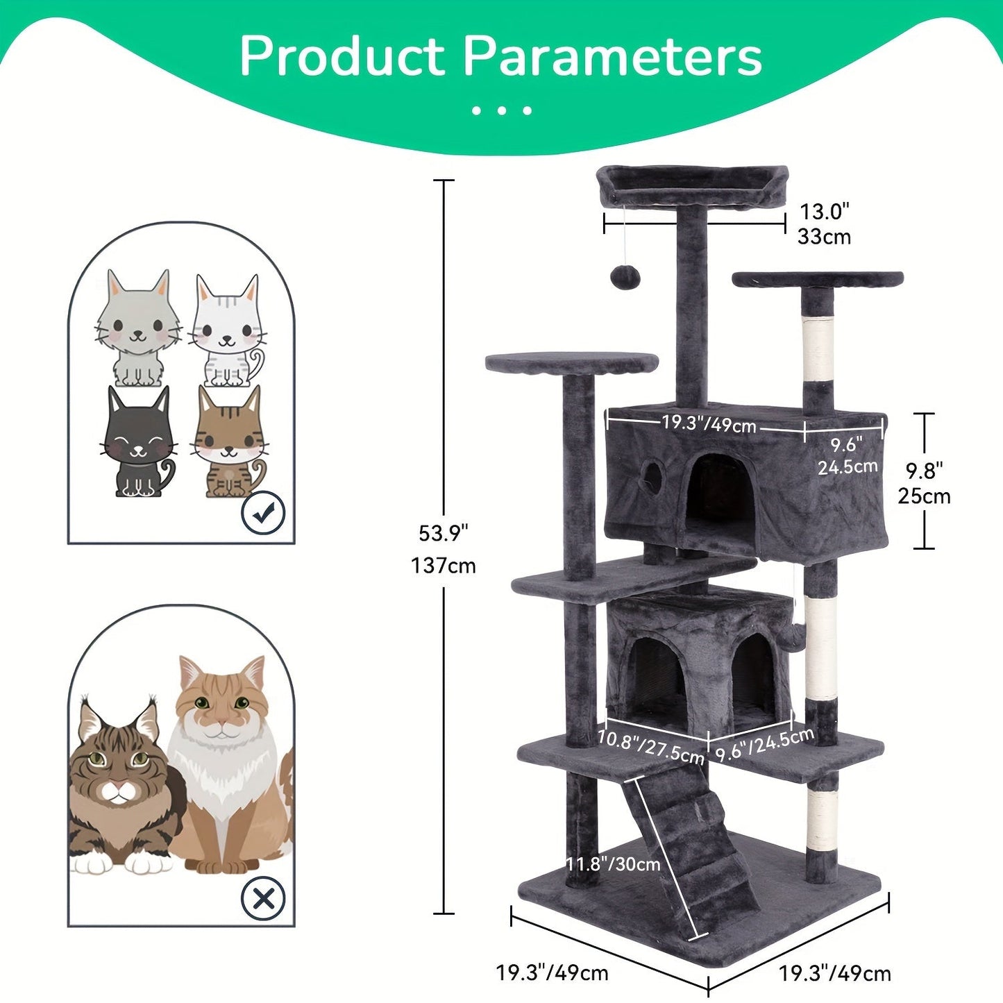 54/70" Multi-Level Cat Tree Tower with Scratching Posts & Cozy Condos, Space-Saving Indoor Cat Playhouse, Durable Plywood Construction, Fun Jumping Platforms, Multiple Colors Available for Cats SS69