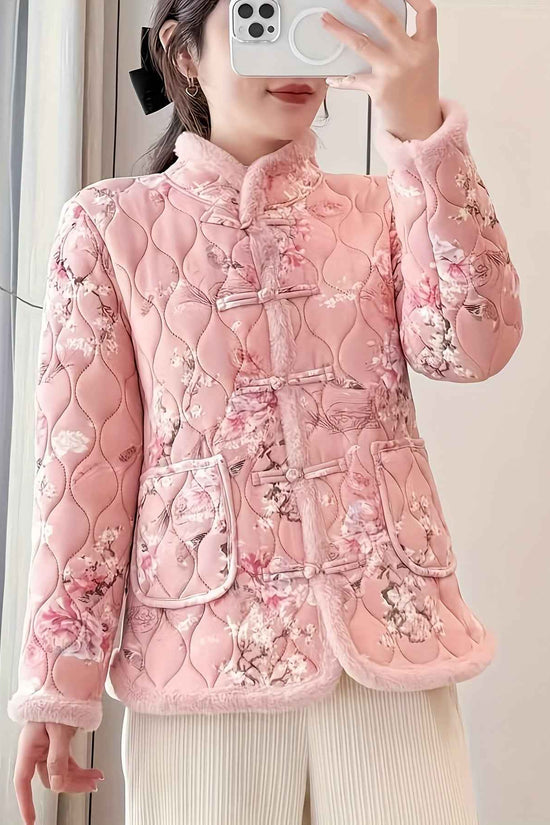 Plus Size, Women's Chinese Style Winter Coat with Cheona Collar (Standing Pronunciation) - Thick Padded Warm Jacket, Retro Button Front, Zipper Back Closure, Machine Washable Outerwear