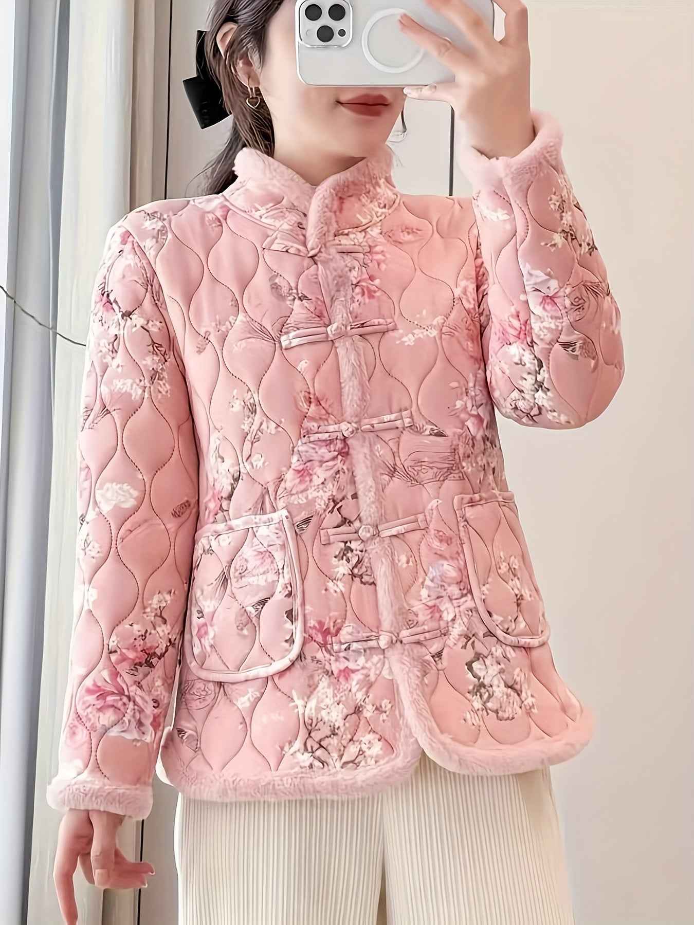 Plus Size, Women's Chinese Style Winter Coat with Cheona Collar (Standing Pronunciation) - Thick Padded Warm Jacket, Retro Button Front, Zipper Back Closure, Machine Washable Outerwear