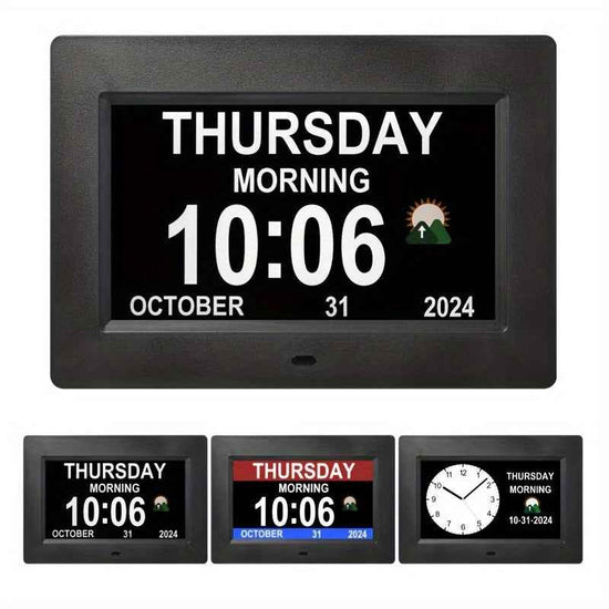 Large Digital Clock Designed for Seniors with Dementia, Featuring a Calendar Display, Alarms, And Functions As a Wall Clock Showing Day And Date. It Also Serves As an Alarm Clock, Desk Clock, Electronic Photo Frame, And Suppo