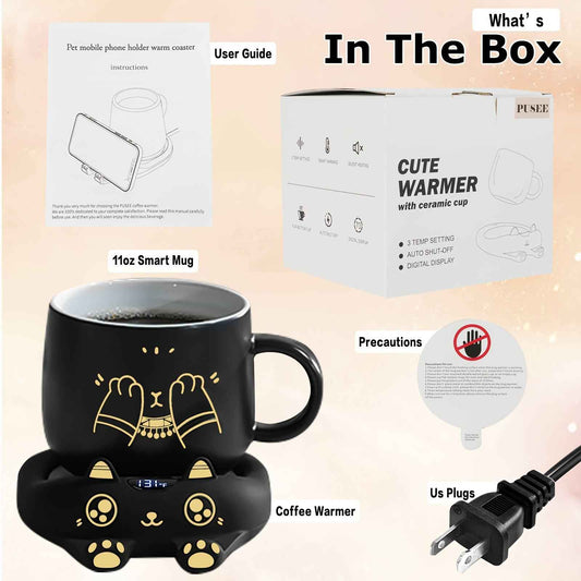 PUSEE Coffee Mug Warmer & Cute Cat Mug Set, Coffee Cup Warmer for Desk with Auto Shut Off, Beverage Warmer with 3 Temp Settings, Candle Warmer Coffee Warmer with Mug Set for Christmas & Birthday Gifts