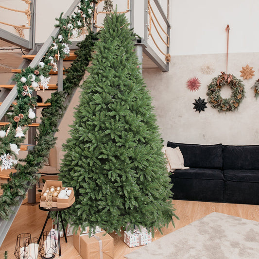 A 10-Foot Giant Pre-Lit Christmas Tree Featuring 5, 090 PVC Branches And a Sturdy Metal Stand, Perfect for Indoor Decoration. It Comes with 1, 200 Warm White Lights And 10 Colorful Modes, Suitable for Holiday Parties, Shops, SS69