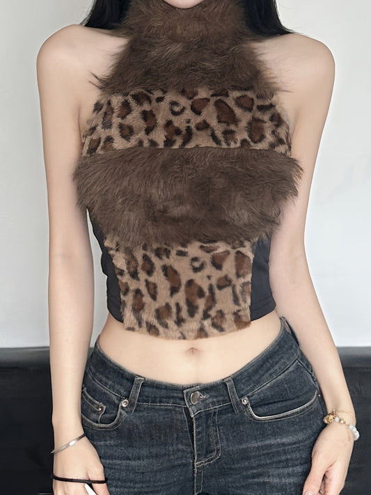 Retro Furry Patchwork Leopard Print Color-Blocked High-Neck Crop Top, Sleeveless And Sexy Backless, Inspired by Japanese And Korean Street Fashion. SS69