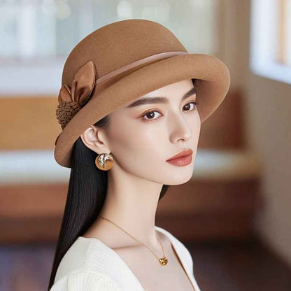 Women'S Elegant English Style Felt Hat - Lightweight Thermal Wide Brimmed Winter Bucket Hat with Brown Neckline, Soft Non-Elastic Design & Ear Flaps, All-Season Snug Fit for Weddings, Parties, New Year'S Events - Machine Wash