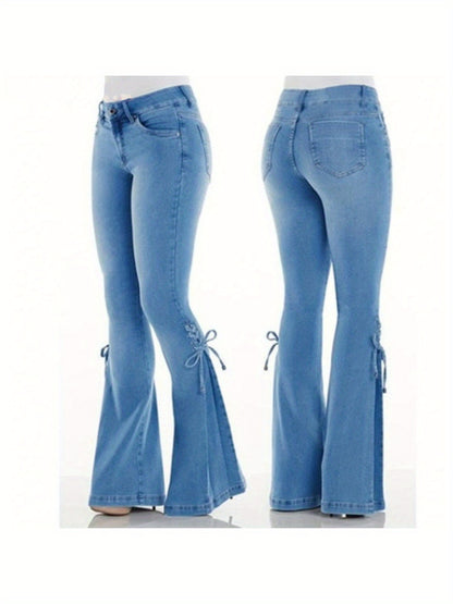 Women'S 100% High-Stretch Mid-Rise Slim Flared Jeans with Tie-Front Detail - SS69 
