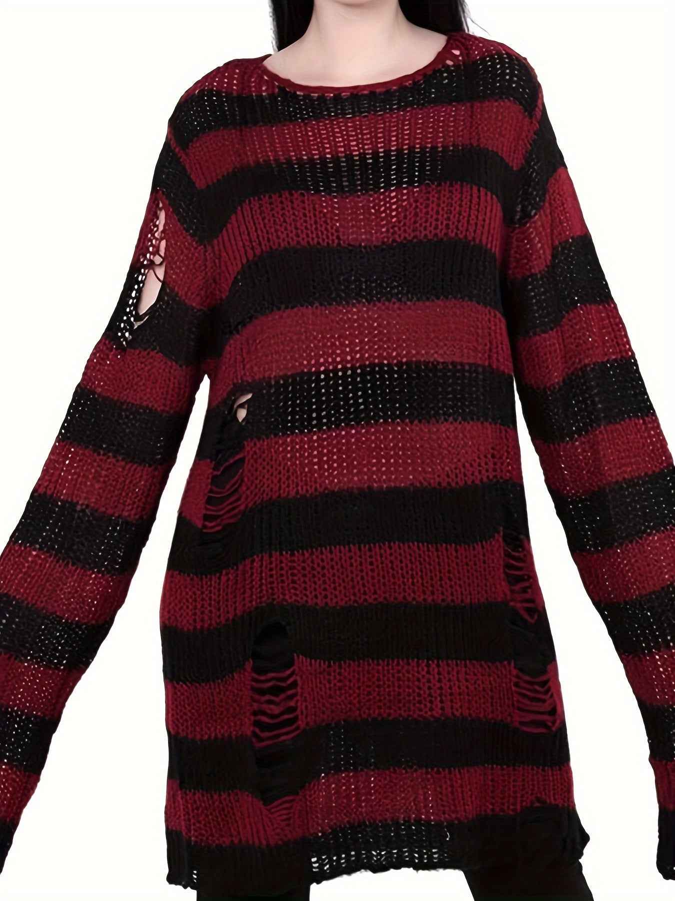 [Gothic Knitted Top] Gothic Long Loose-Fitting Knitted Top - Round Neck, Unique Torn Design with Contrasting Stripes