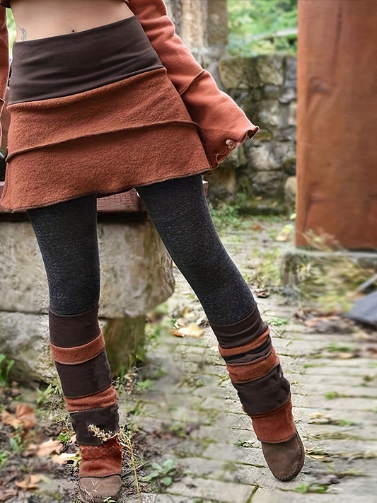 [Vintage Style Pants] High Elasticity Women's Retro Color-Block Tight-Fitting Long Pants Skirt | Machine-Washable Spring/Fall Outwear with Elastic Waistband, Solid Color & Contrast Detailing for Casual to Formal Occasions SS69